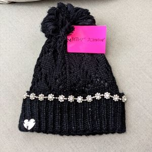 Betsey Johnson Black Knit Beanie with Silver Accents